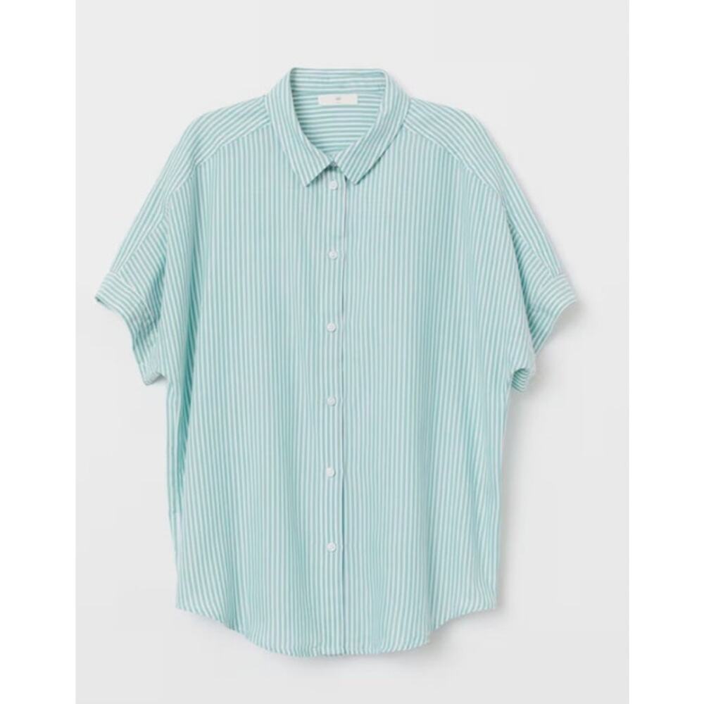 H&M Green White Stripe Button Down Shirt Short Sleeve Cotton Top Sz 6